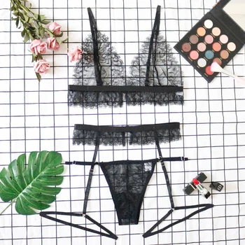 Lencería de encaje Sexy para mujer, conjunto de 3 piezas, sujetador Bodycon transparente, conjunto de ropa interior negra 6