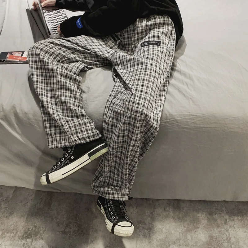 

Men's pants 2020 autumn new slim pure color retro plaid print straight pants slacks casual personality youth men's wear