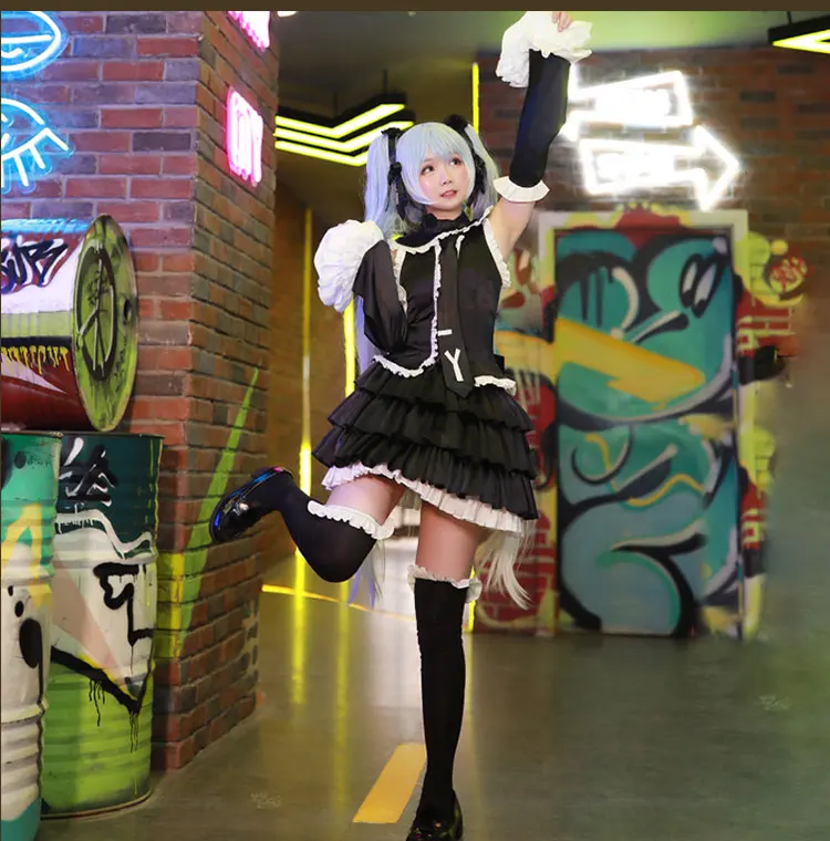 <MIKUさん専用>【Sサイズ】ブラックドレス Miku Cosplay Costumes Poker Face Striped Top And Black Dress
