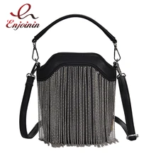 Модная черная женская сумка-мешок из искусственной кожи с металлической кисточкой, сумка через плечо, женская сумка-кошелек, сумка через плечо