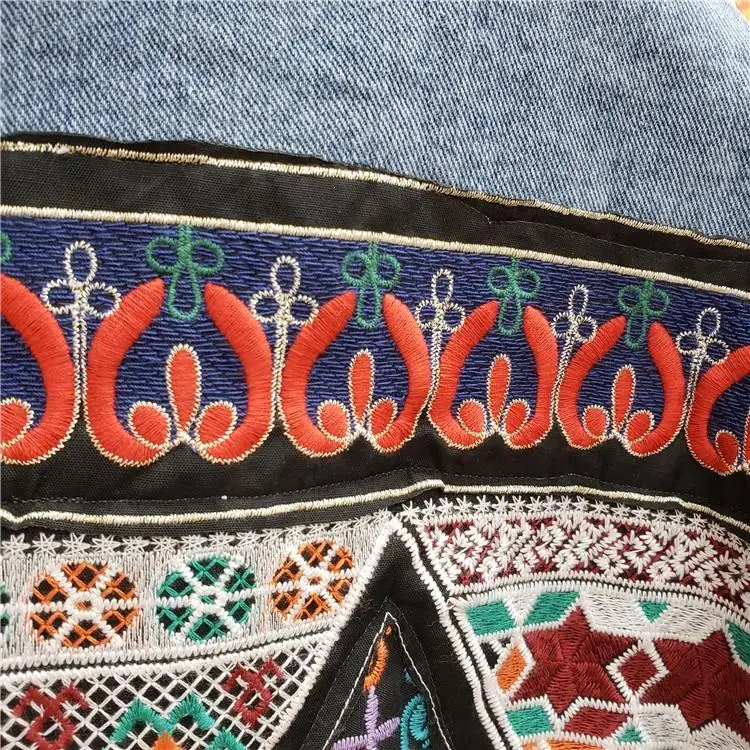 Бохо негабаритных мульти Цветочная вышитая джинсовая куртка с длинным рукавом Повседневная шикарная куртка пальто Вышивка женское пальто