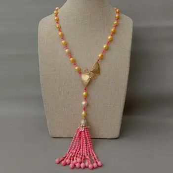 

Cultured Golden Rice Pearl Pink Coral Necklace CZ Pendant 28"