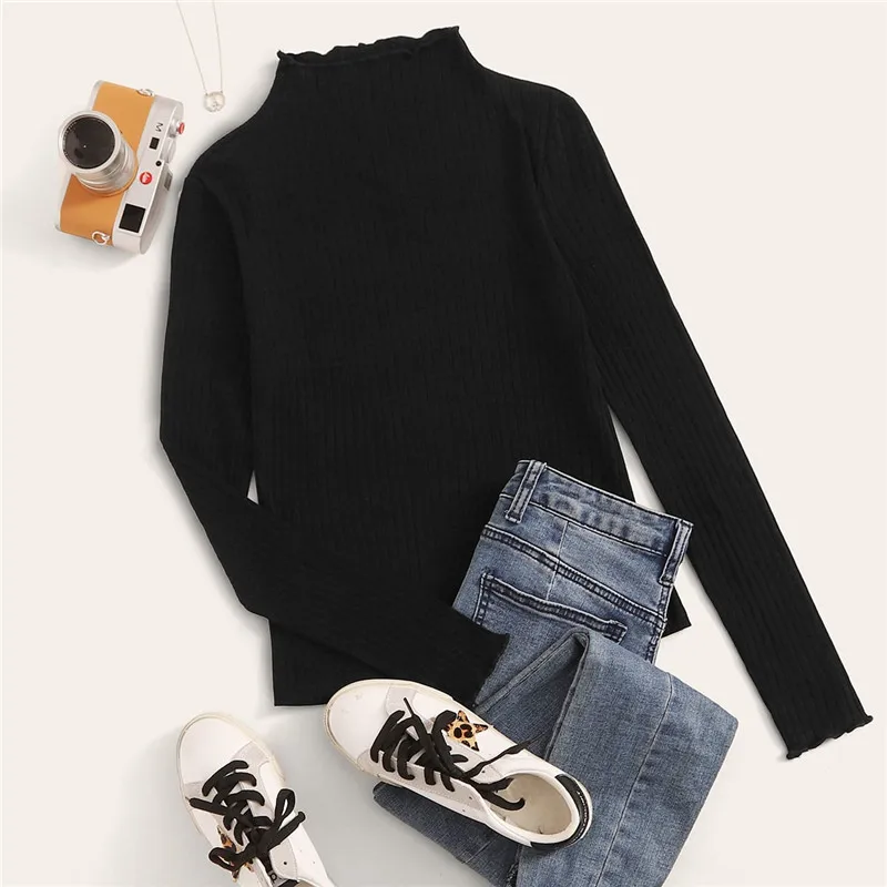 ROMWE Lettuce Trim Neck Rib-Knit Form Fitted Top Solid Fall Clothes for Women Stand Collar Black T Shirt Long Sleeve Ladies Tops
