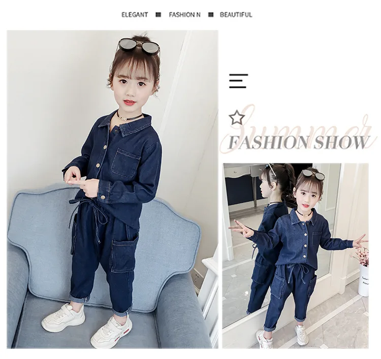 Детские комплекты одежды из джинсовой ткани Новинка года, весенне-осенние Size4-14 с отворотами синего цвета для девочек комплекты детской одежды комплект из 2 предметов ly337