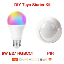 Умный срок службы батарея питание WiFi Tuya PIR датчик движения Детектор связь сигнализации Tuya Alexa Google E27 9 Вт RGB CCT Светодиодная лампа WiFi
