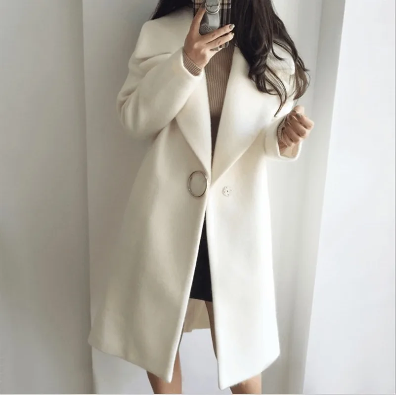 

2019 autumn and winter new Korean version of the wool coat plus thick large lapel white mid-length mid-length scoundress coat
