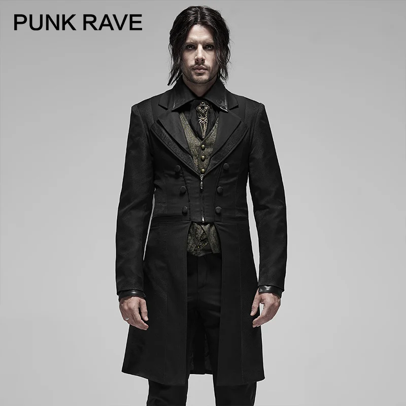 

PUNK RAVE Men's Gentleman Stitching Long Jacket Double Deck Collar Design Fit Party Evening Dinner Trench Coat Men