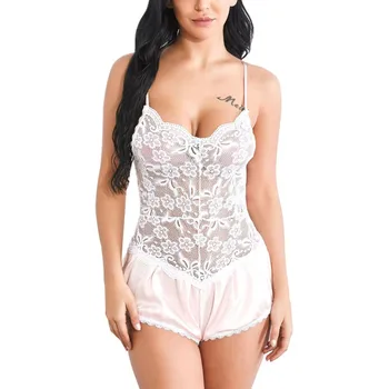 

Women Sexy Pajamas Summer Sling One-piece Lingerie Translucent Ice Silk Lace Stitching Home Clothing