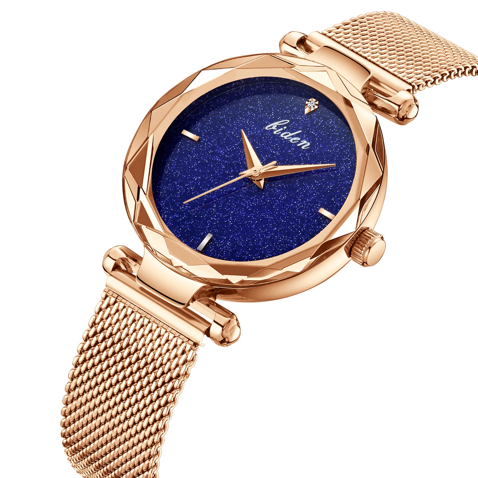

BIDEN Reloj Mujer Creative Blue Dial Romantic Women Watch Rose Gold Mesh Waterproof Top Brand Rhinestones Wrist Watches Dropship