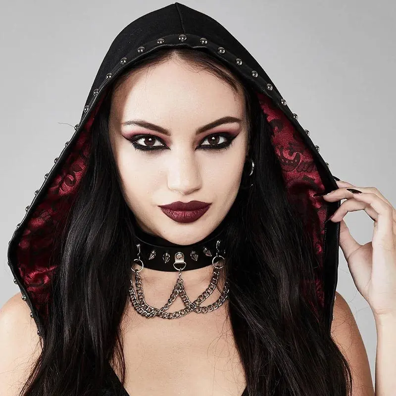 

Rosetic Women Cap Gothic Black Witch Hat Rivet Chain Hood Streetwear Punk Hip Hop Gothic Halloween Party Accessories Female