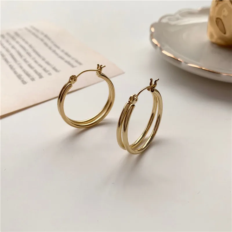 

Women Fashion Trendy Temperament Simple Ins Cold Style Earrings Female Bright Design Double-Layer Metal Earring Stud Female