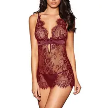 Women Sexy Sleep Set 2 PCS Sets Lace V-neck Playsuit Nightwear Underwear Babydoll Sleepwear Lace G-string Set