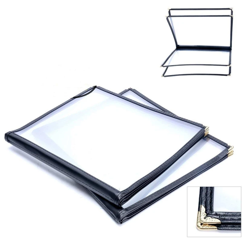 Top-2Pcs Transparent Restaurant Menu Covers for A4 Size Book Style Cafe Bar 4 Pages 8 View