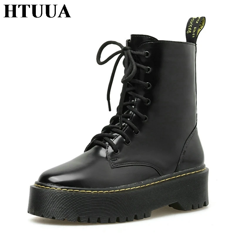 

HTUUA Autumn Women's Boots Fashion Black Ankle Martens Boots for Women Casual Lace Up Chunky Platform Boots Female Shoes SX3435