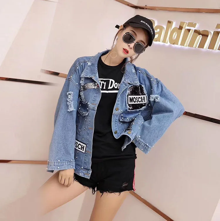 Most effective  Women's Denim Jacket 2019 New Jeans Jackets Women Sequins Pearls Punk Casual Loose Vintage Streetwe