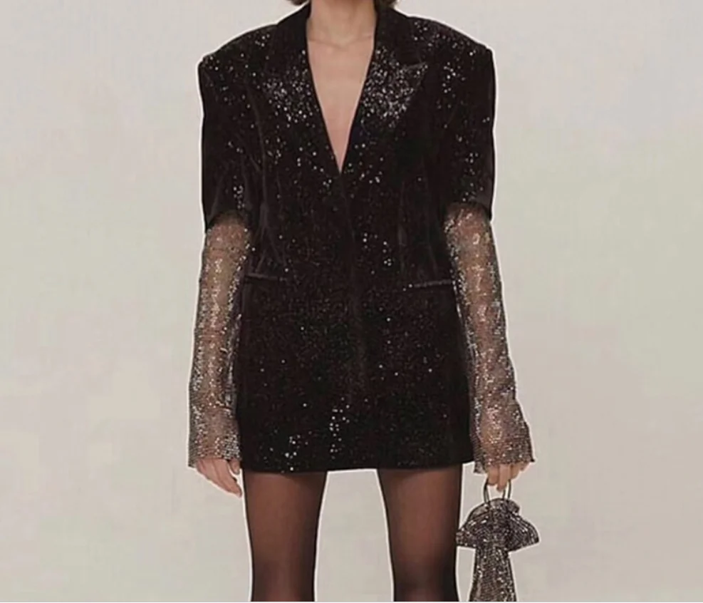 Bright fan velvet Mesh stitching sequins stage costumes Mesh long sleeve Black small suit jacket Temperament Suit Top Women