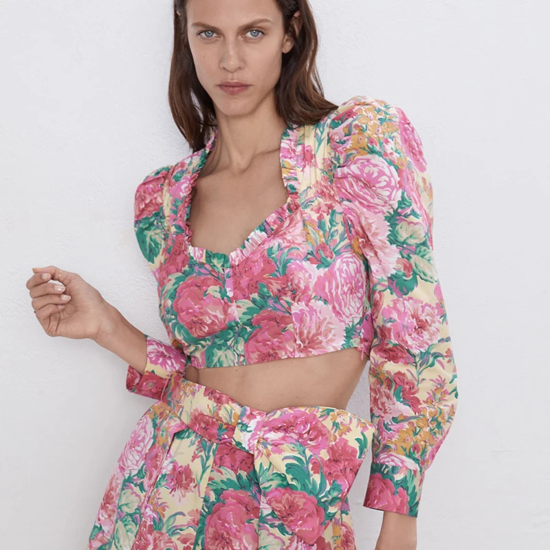 Fandy lokar блуза цветочный принт женские модные короткие рубашки женские элегантные топы с длинными рукавами женские Дамские HG