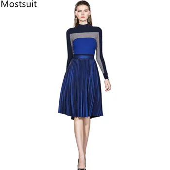 

Fashion Runway 2 Piece Skirt Suits Sets Women Color-blocked Knitted Pullover Sweater + Pleated Midi Skirt Suits Office 2 Pcs Set