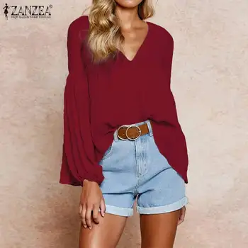 

2020 ZANZEA Fashion Blouse Women's Tops Female Lantern Sleeve Shirts Pleated V Neck Blusas Female Casual White Tops Plus Size