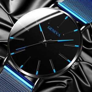 Geneva-reloj minimalista de cuarzo para hombre, cronógrafo ultrafino con correa de malla de acero inoxidable, informal, de negocios, color azul, 2022