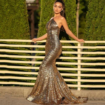 

Eightree Gold Sequined Evening Gowns 2020 Sexy Halter Bling Bling Sequins Formal Prom Party Mermaid Fashion Evening Dresses