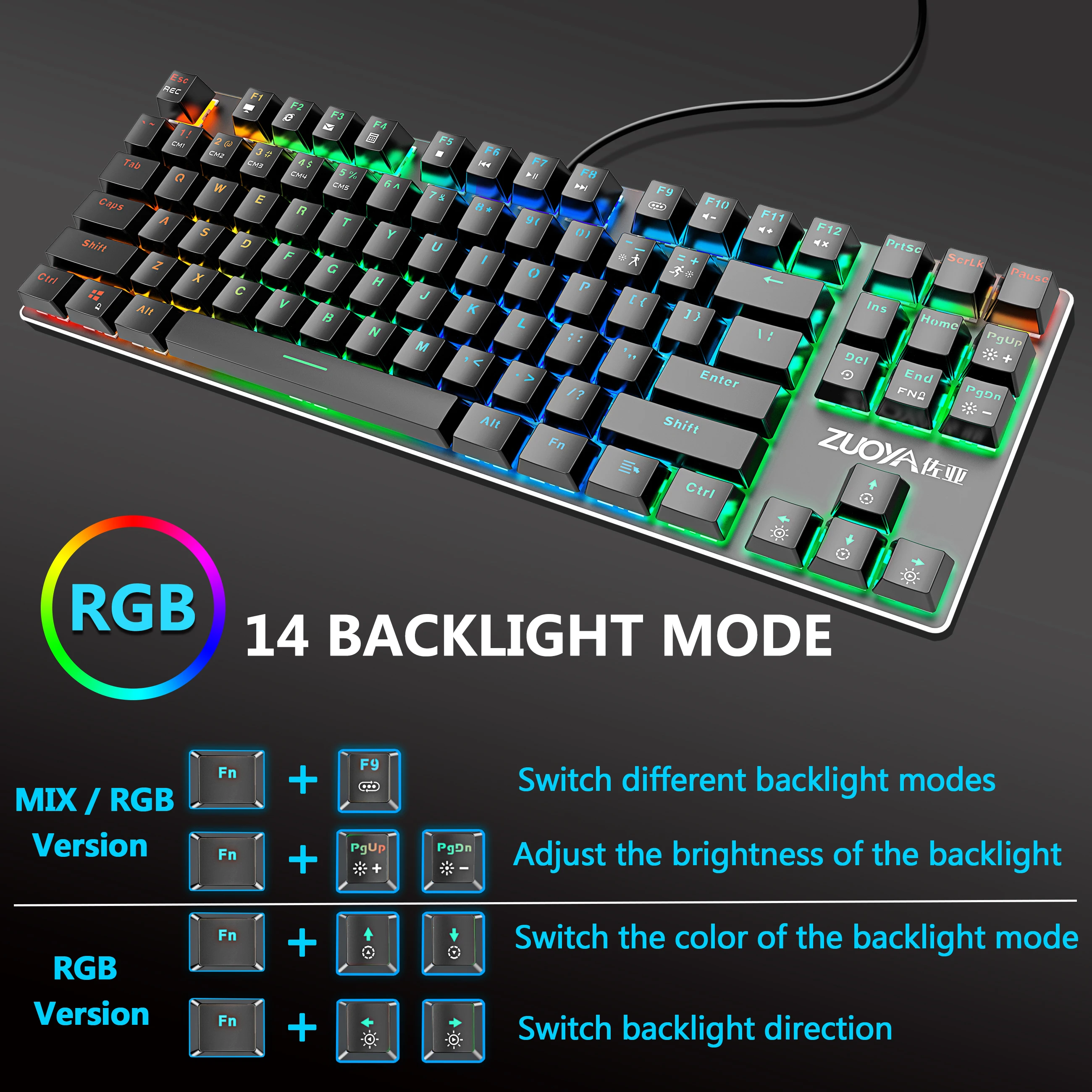  Mechanical Keyboard 87 keys Anti-ghosting MIX/RGB Backlit Gaming Keyboard Blue Black Red Switch Wir