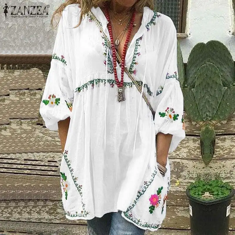 

Plus Size Top Women's Printed Blouse 2019 ZANZEA Bohemian Summer Vestidos Casual Long Puff Sleeve Shirt Blusa Female V Neck Robe
