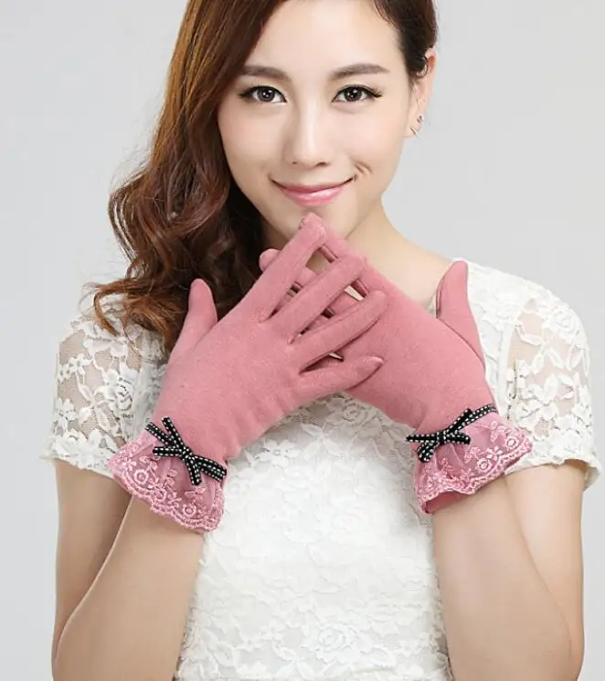 VIIANLES варежки элегантные женские теплые уличные перчатки Женские Толстые Полный палец варежки теплые зимние перчатки женские кашемировые перчатки - Цвет: New lace pink