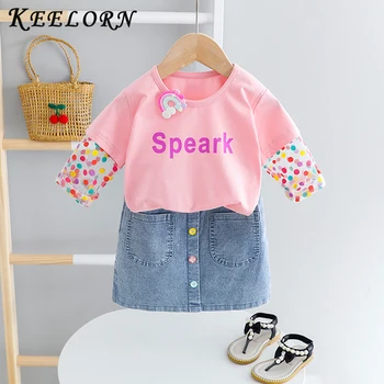 

Keelorn Children Sets Summer New Casual Kids Clothing Cute O-neck Cotton Top With Fashional Jean Skirt 2PC For Kids Girls