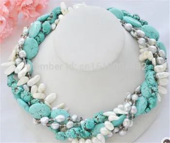 

Jewelry Pearl Necklace 5row 21" blue Turquoise gray baroque pearl Smoky quartz NECKLACE Free Shipping