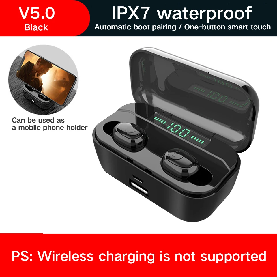 TWS Беспроводная bluetooth-гарнитура с беспроводной зарядкой Bluetooth 5,0 IPX7 водонепроницаемые 3D стерео наушники с шумоподавлением мини-гарнитура - Цвет: G6SC-Black