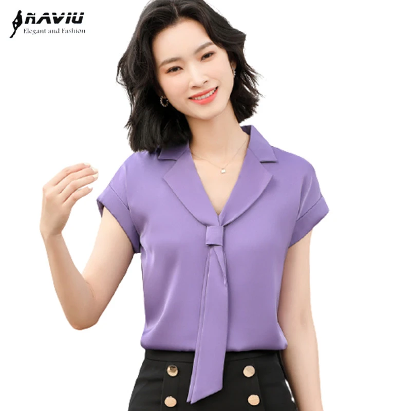 Camisa morada de manga corta para mujer, blusa informal de chifón de alta gama con diseño de lazo, Tops de trabajo para nueva AliExpress