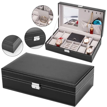 

Jewelry Box 8 Slots Watch Organizer Storage Case PU Leather with Lock Hanging Hooks and Mirror for Men Women Black/Brown[US-W]