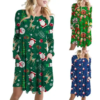 

Christmas Dress Xmas Women Snowman Santa Elk Print O Neck Long Sleeve Midi A-line Dress Plus Size Party Dress female платье