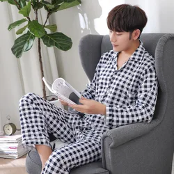 Men's Pajamas Set Homewear Checkered Pattern Cotton Youth Clothing Casual Breathable  Outdoor Comfortable Long-sleeved Trousers