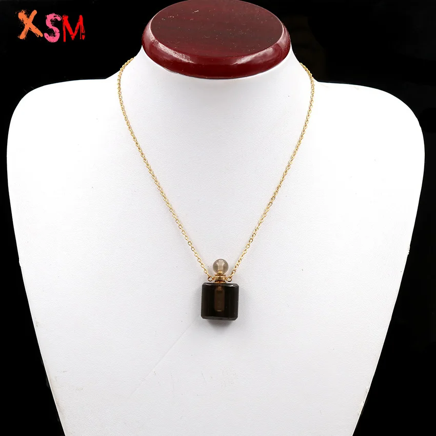XSM Natural Smoky Quartzs Perfume Bottle Pendant Necklace for Oil Diffuser Aromatherapy Meditation Crystal Bottles Jewelry