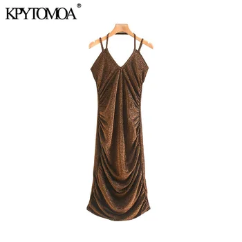

Vintage Sexy Metallic Thread Pleated Sheath Dress Women 2020 Fashion V Neck Backless Adjustable Straps Dresses Vestidos Mujer