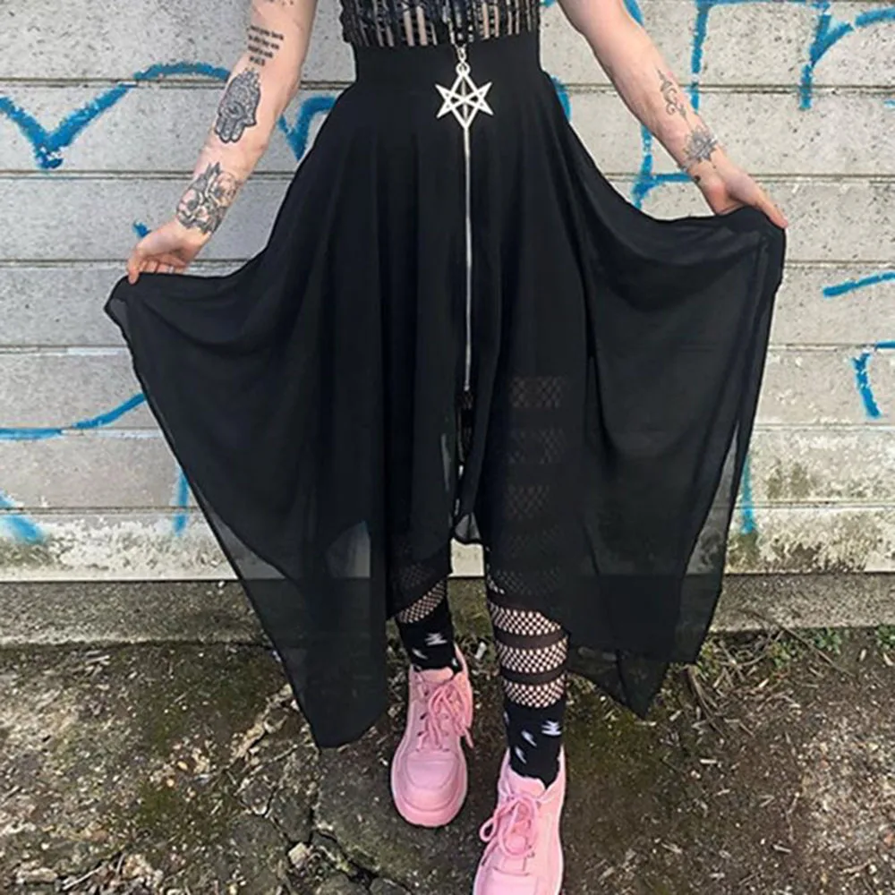 Harajuku/темная юбка в стиле панк для девочек летние женские юбки в стиле зомби с асимметричной сеткой с шестью заостренными звездами на молнии однотонная черная юбка с высокой талией