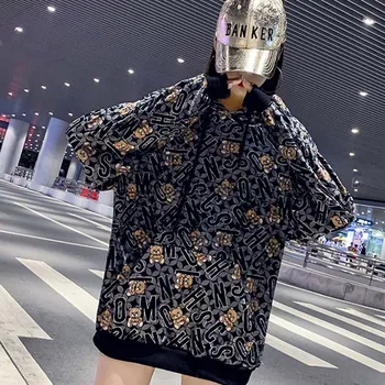 

Kawaii Women Clothes Hoodie Plus Size Vintage Letter Printed Cotton Sweatshirts Autumn Winter Loose Black Sweatshirt Female 2020