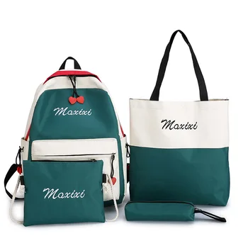 

4 Pcs/Set Letter Embroidery Women Canvas Backpack Contrast Color School Bags for Teenagers Student Book Bag Girl Satchel mochila