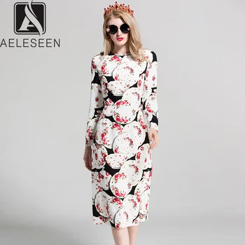 

AELESEEN Office Lady Elegant Slim A-Line Dresses Women English Style Runway Design Plate Printed Floral Mid-Calf Dress