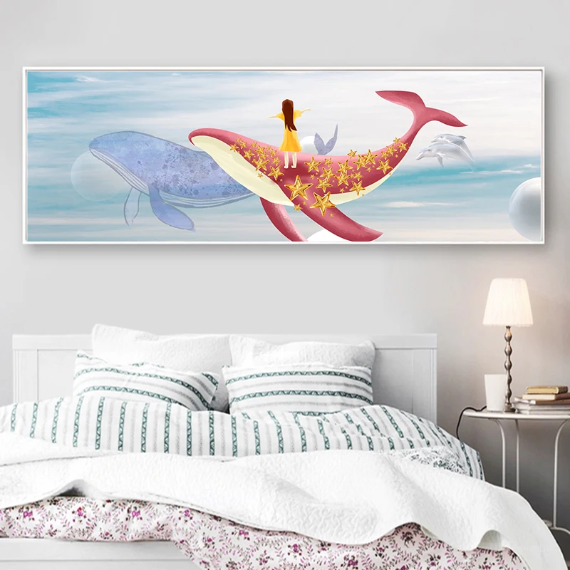 

Nordic posters Modern Abstract Dolphin and Deer Long Canvas Print Painting Wall Art Pictures Prints For Living Room Home Decor