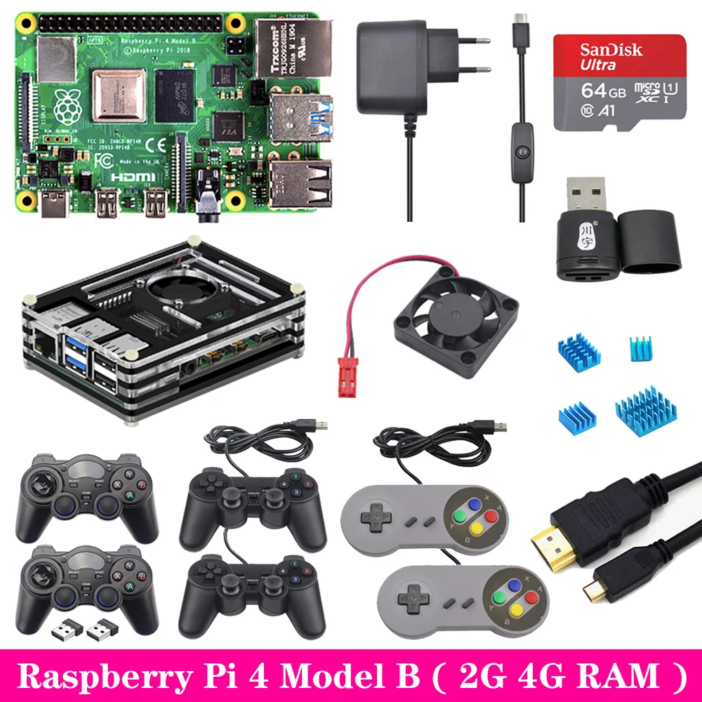 Игровой Комплект Raspberry Pi 4 2 Гб ОЗУ геймпад с USB джойстик акриловый чехол блок