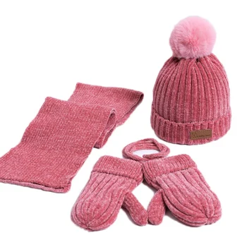 

3Pcs Cute Kid Girl Boy Baby Infant Winter Warm Crochet Knit Hat Beanie Cap+Scarf Gloves Solid Color Set