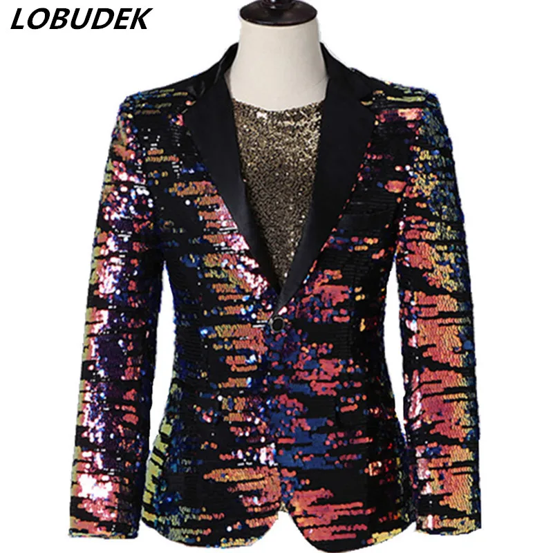 

Shiny Multi-color Sequins Blazer Men Singer Host Evening Concert Plus Size Costume Slim Fit Suit Jacket Male Performance Clothes