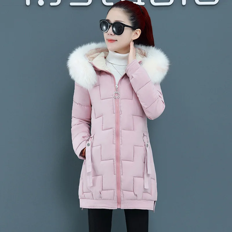 

2020 New Solid Color Medium Long Hooded Parka With Fur Collar Thick Warm Winter Jacket Women Casual Slim Parka Coat