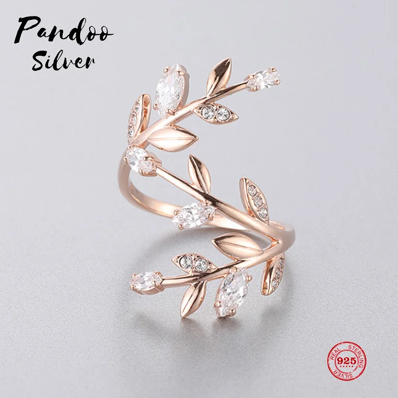 

PANDOO Fashion Charm Pure 925 Silver Original 1:1 Copy, Fresh Branch Shape Elegant Wild Ring Ring Female Luxury Jewelry Gifts