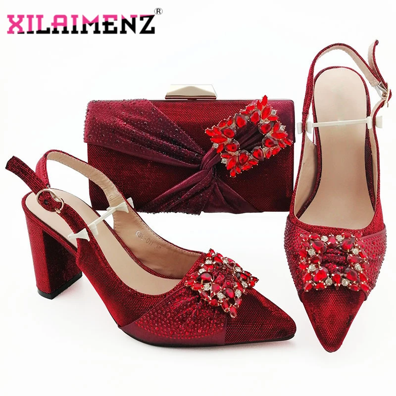 Latest Style Ladies Pointed Toe Shoes With Matching Bag Set African Rhinestone High Heels Sandals And in Wine Color | Обувь