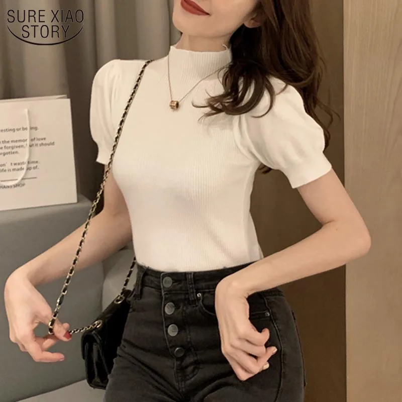 Summer Knitted Shirts Women 2022 Solid Half Turtleneck O Neck Short Puff Sleeve Female Casual Loose Cotton LadyTops 10375 | Женская