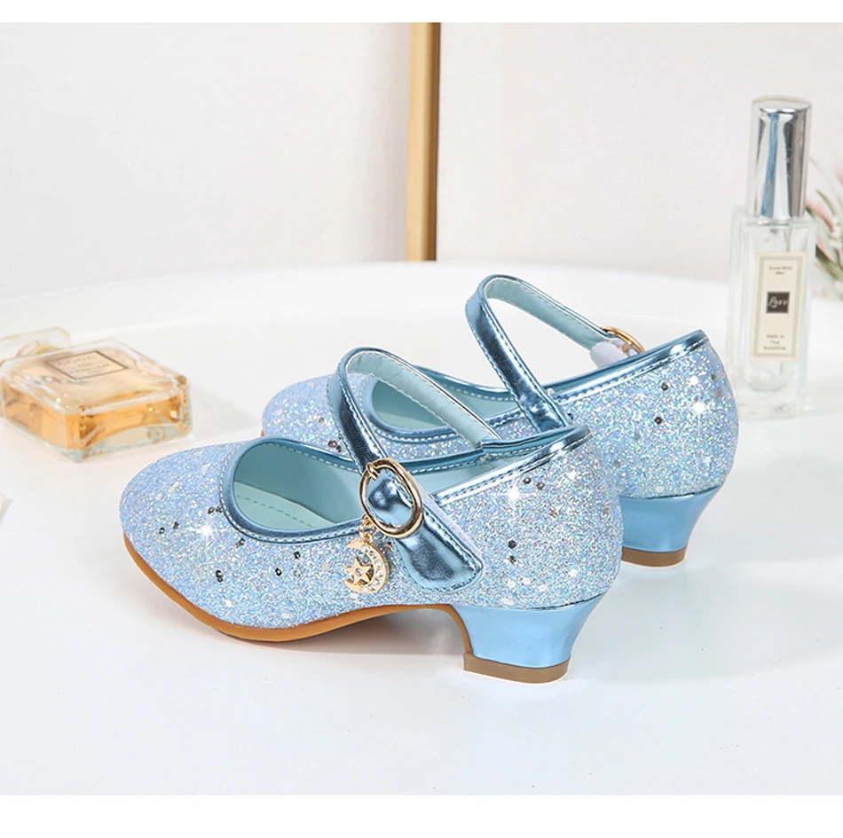 princesa sapatos primavera elsa cosplay cristal lantejoulas sapatos de alta sólida azul glitter crianças menina rapunzel acessórios